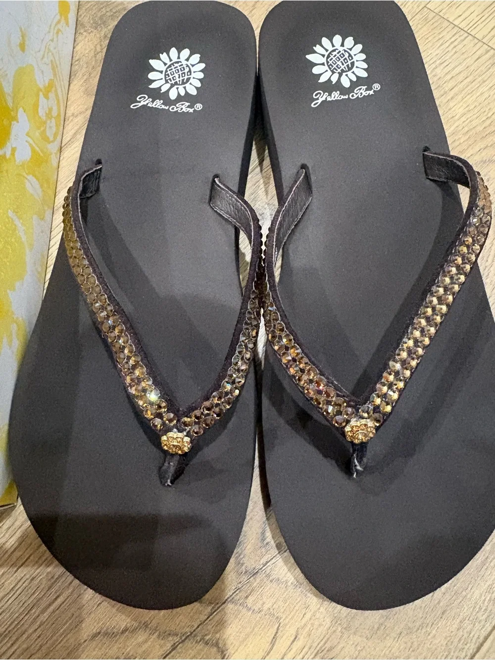 Yellow Box Brown Flip Flop Sandals with Brown Gem Straps - Picture 4 of 6